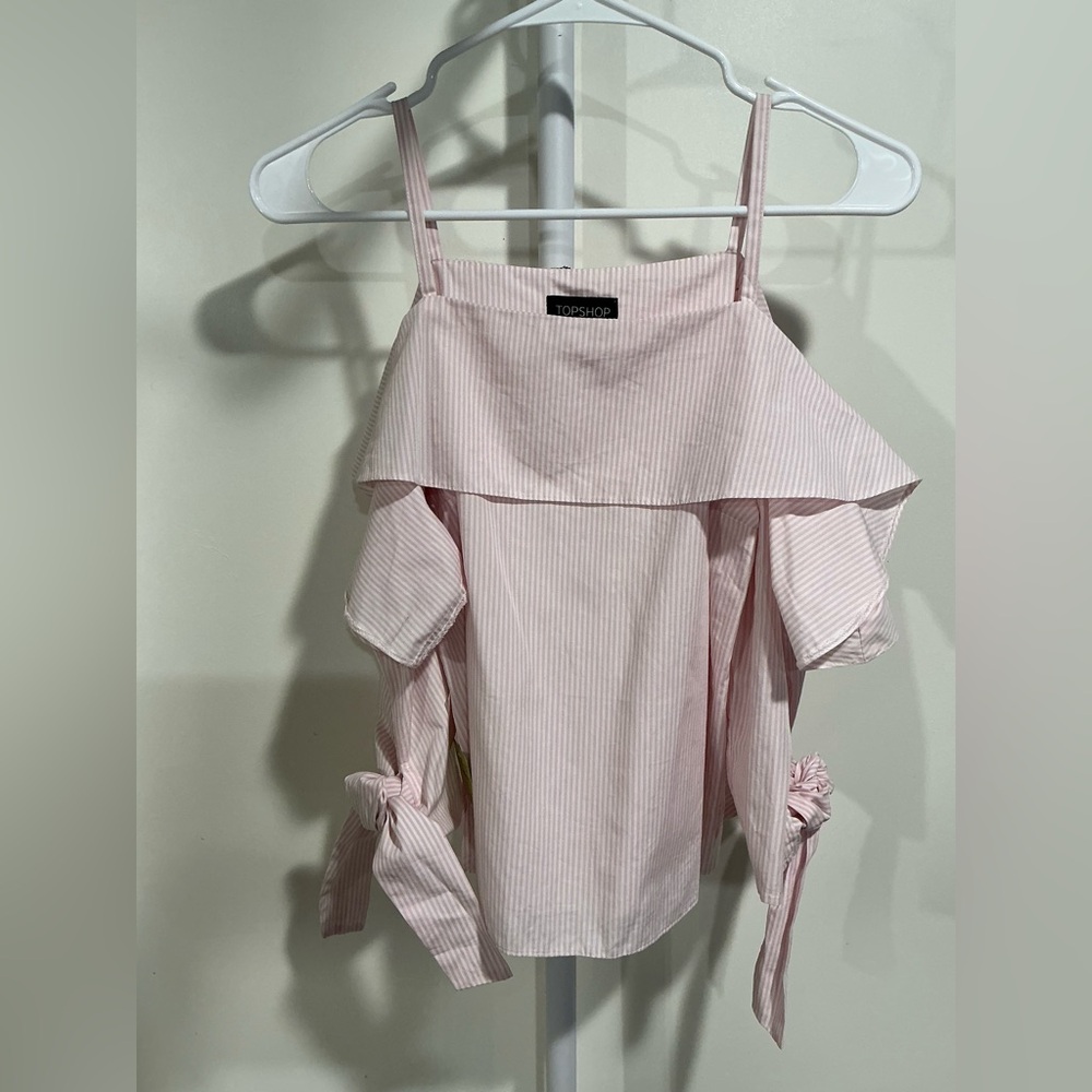 🍒Topshop Striped Cold-Shoulder Blouse in White and Pink